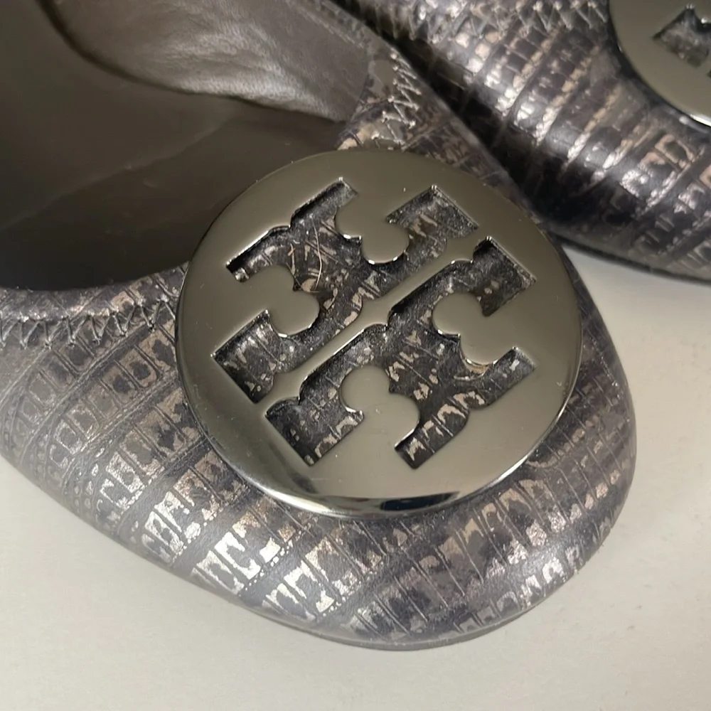 Tory Burch Reva Metallic Black Lizard Embossed Leather Ballet Flat